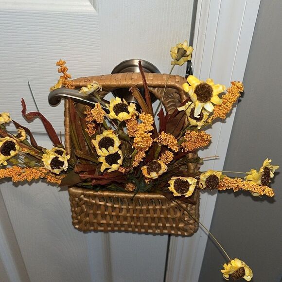 Farmhouse Woven Door Knob Irregular Basket with Faux Fall Autumn Flowers - Picture 2 of 13